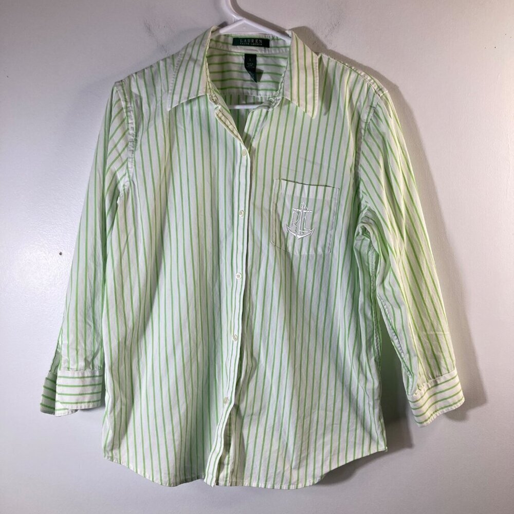 Lauren Ralph Lauren Light Green and White Striped Button-Down Shirt
